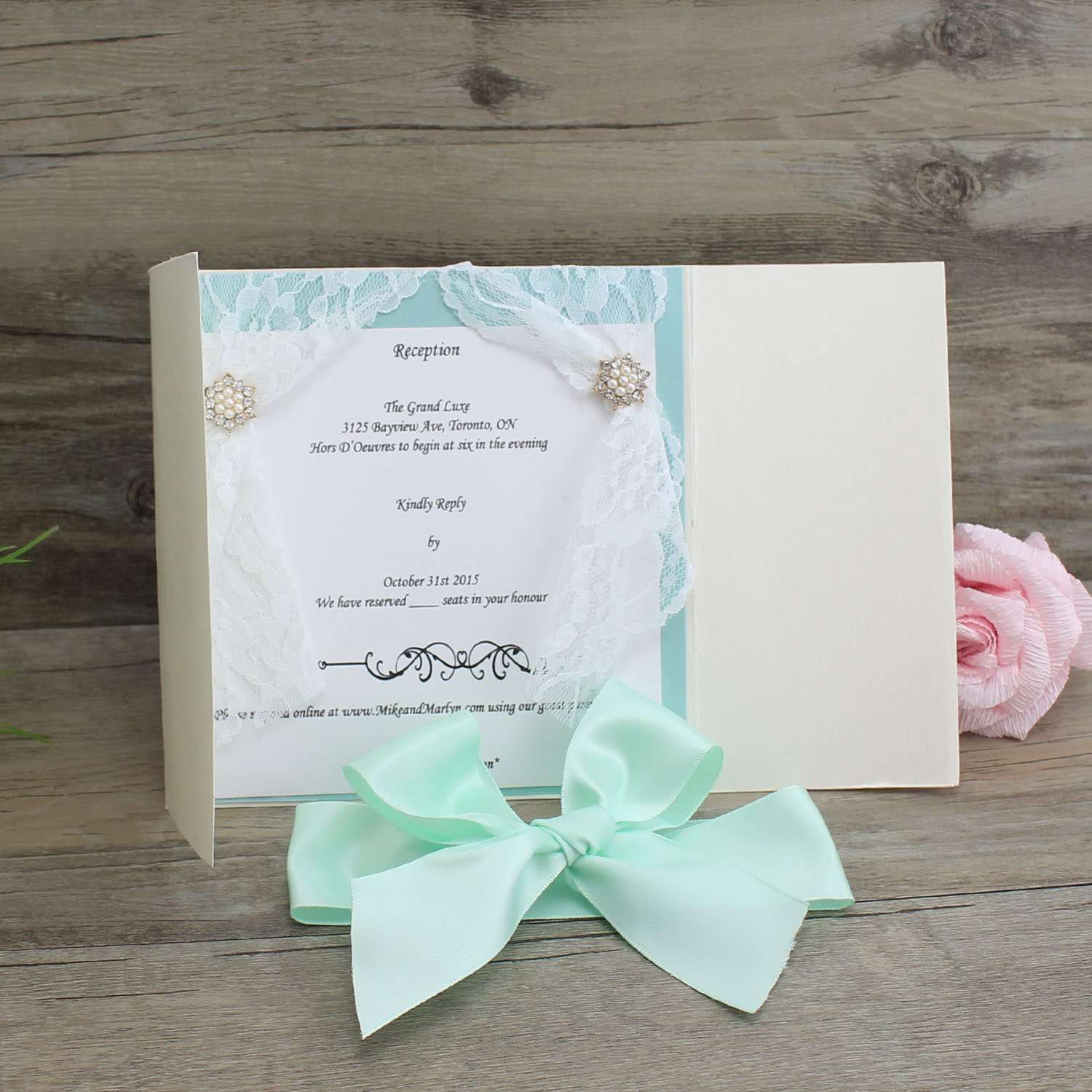 Gate Fold Invitation Card with Lace Decoration Wedding Card with Ribbon Bow